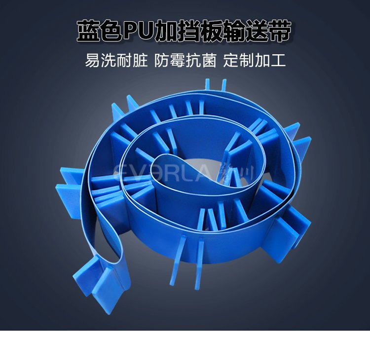 藍色PU<a href='http://m.dsjvvrk.cn/shusongdai/' target='_blank'><u>輸送帶</u></a>加擋板